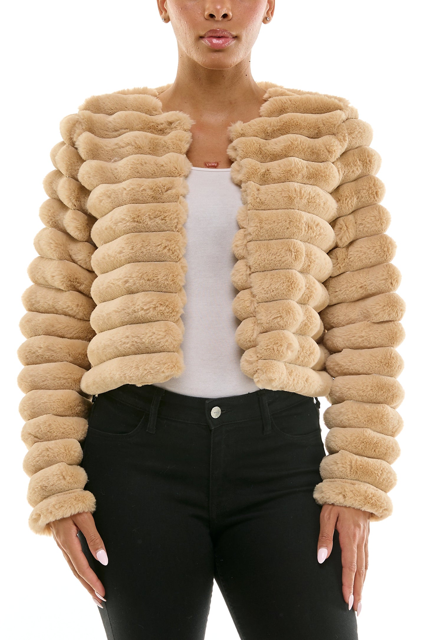 Nina Leonard Round Neckline Long Sleeves Ribbed Channeled Texture Faux Fur Cropped Coat Jacket