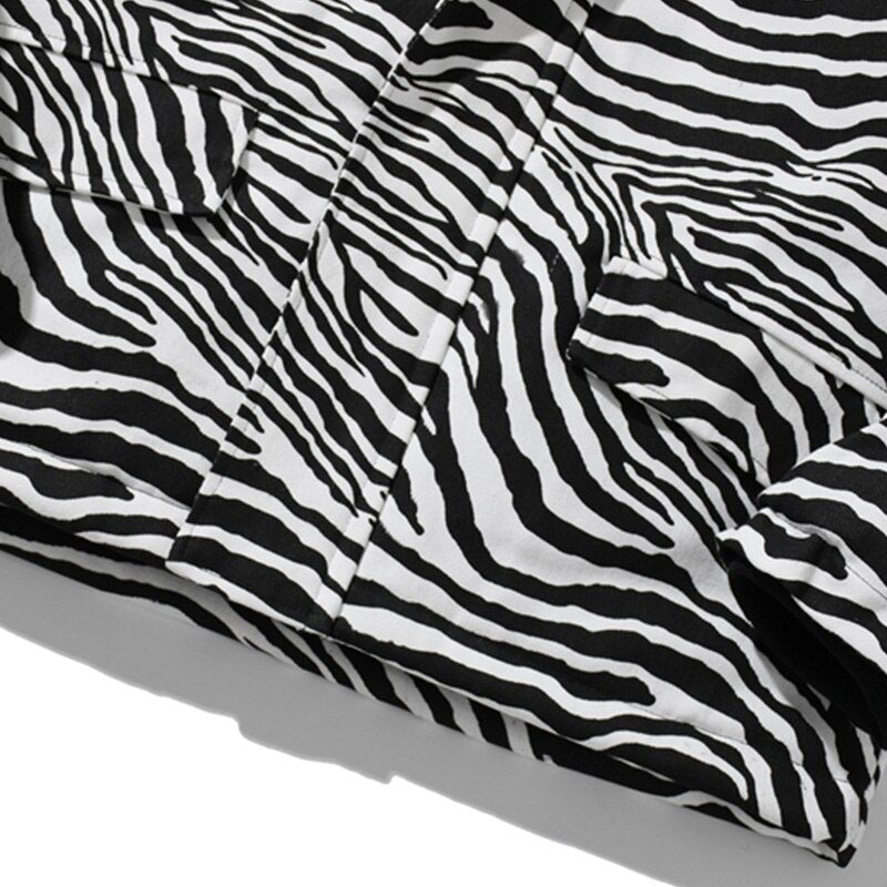 Parka Jacket Men Zebra Striped Print Thick Hooded Jackets Coat Loose Casual Retro Hip Hop Fashion Padded Outwear Winter