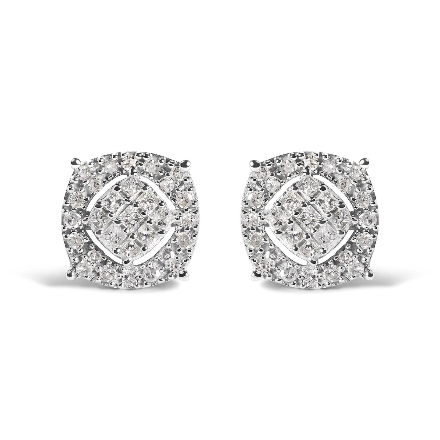 10K White Gold 1/2 Cttw Diamond Cushion Shaped Composite Stud Earrings (I-J Color, I1-I2 Clarity)