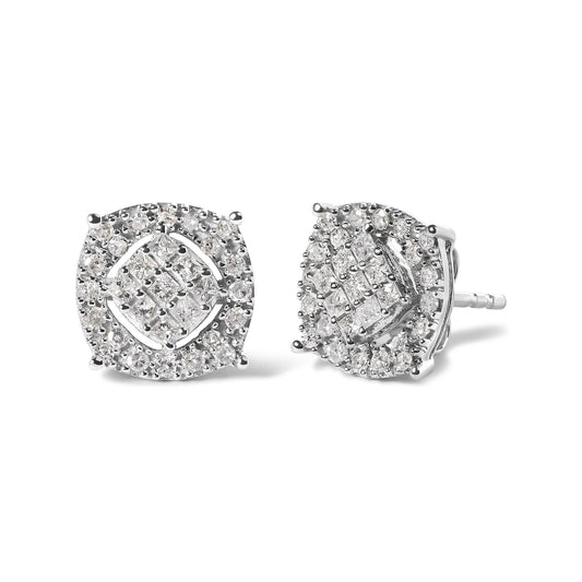 10K White Gold 1/2 Cttw Diamond Cushion Shaped Composite Stud Earrings (I-J Color, I1-I2 Clarity)