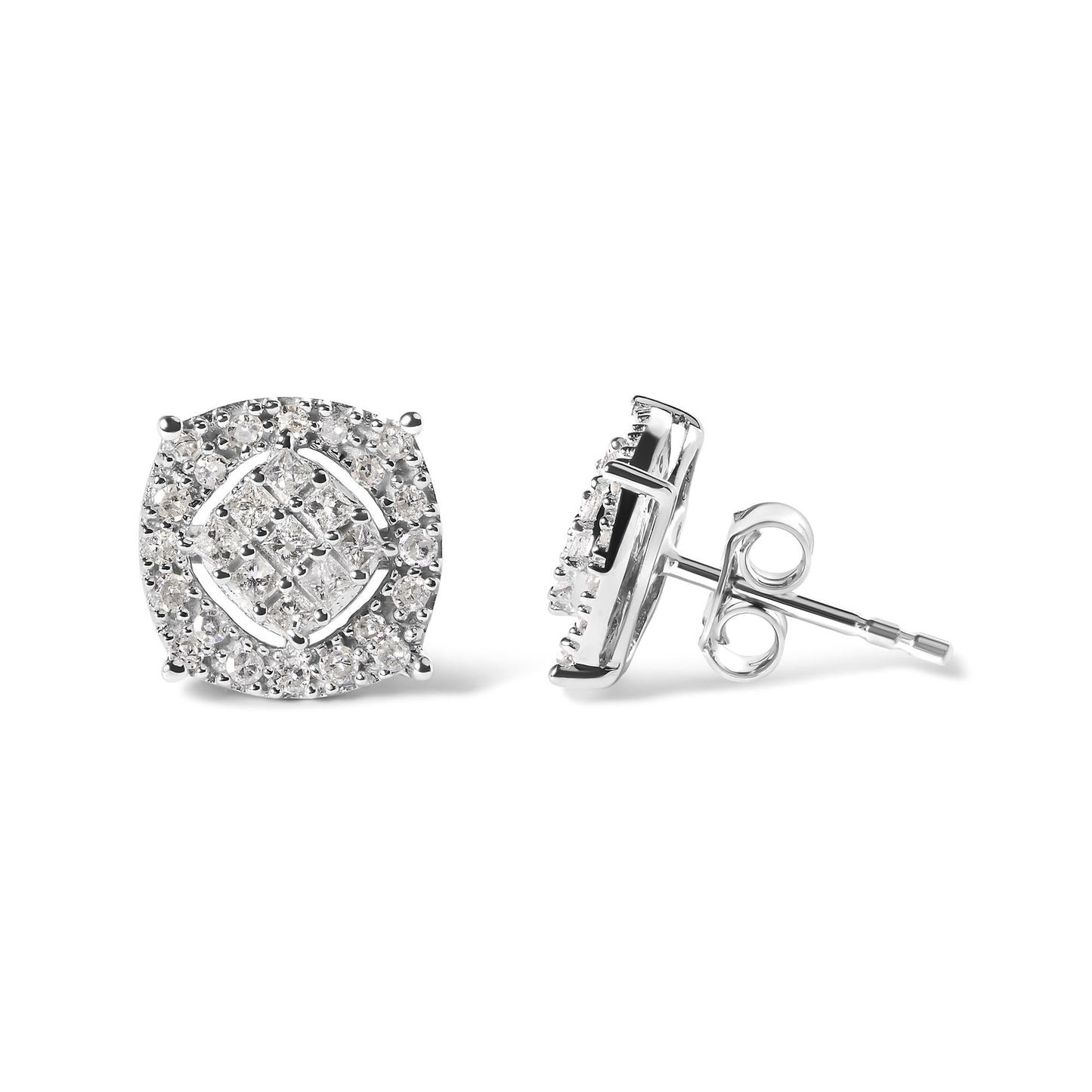 10K White Gold 1/2 Cttw Diamond Cushion Shaped Composite Stud Earrings (I-J Color, I1-I2 Clarity)