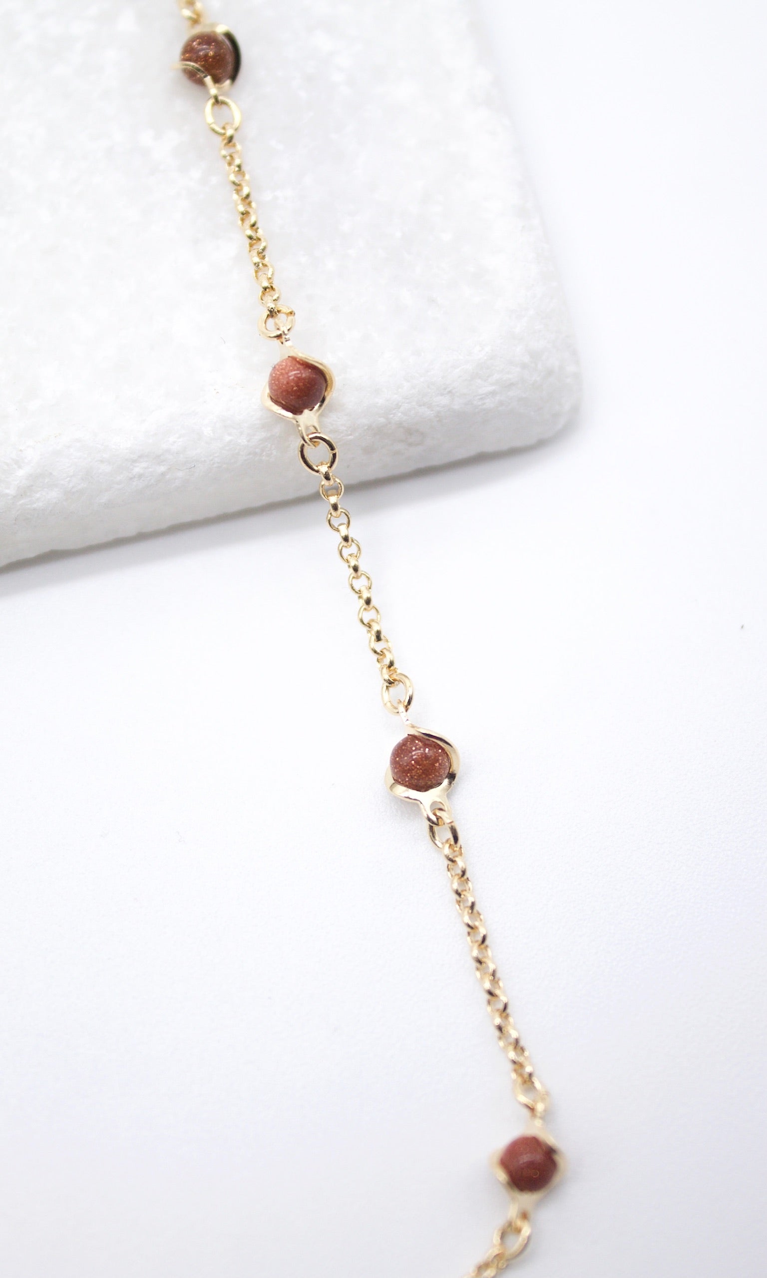 18K Gold Filled 5mm Designed Brown aventurine Bead Necklace (F221)-0