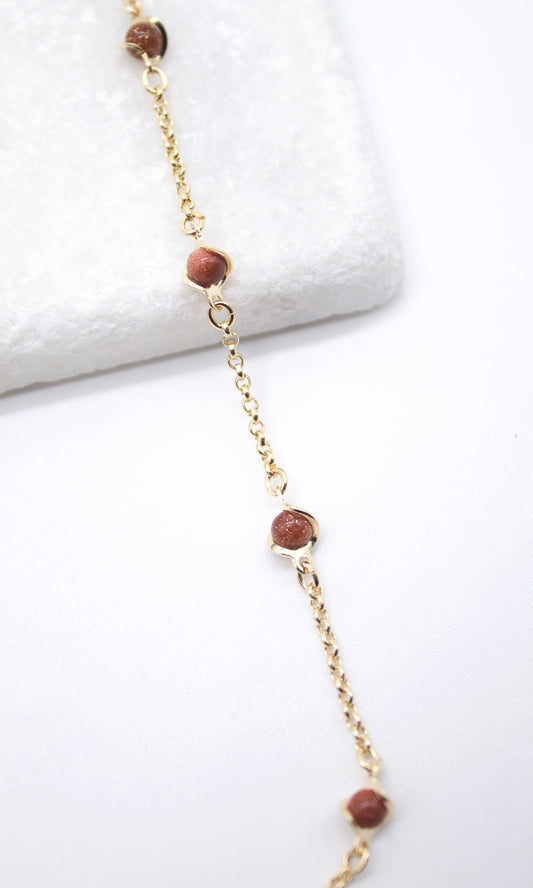 18K Gold Filled 5mm Designed Brown aventurine Bead Necklace (F221)-0