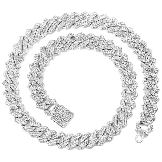 Prong Cuban Link Chain Necklace Rhinestone (A0994SL)
