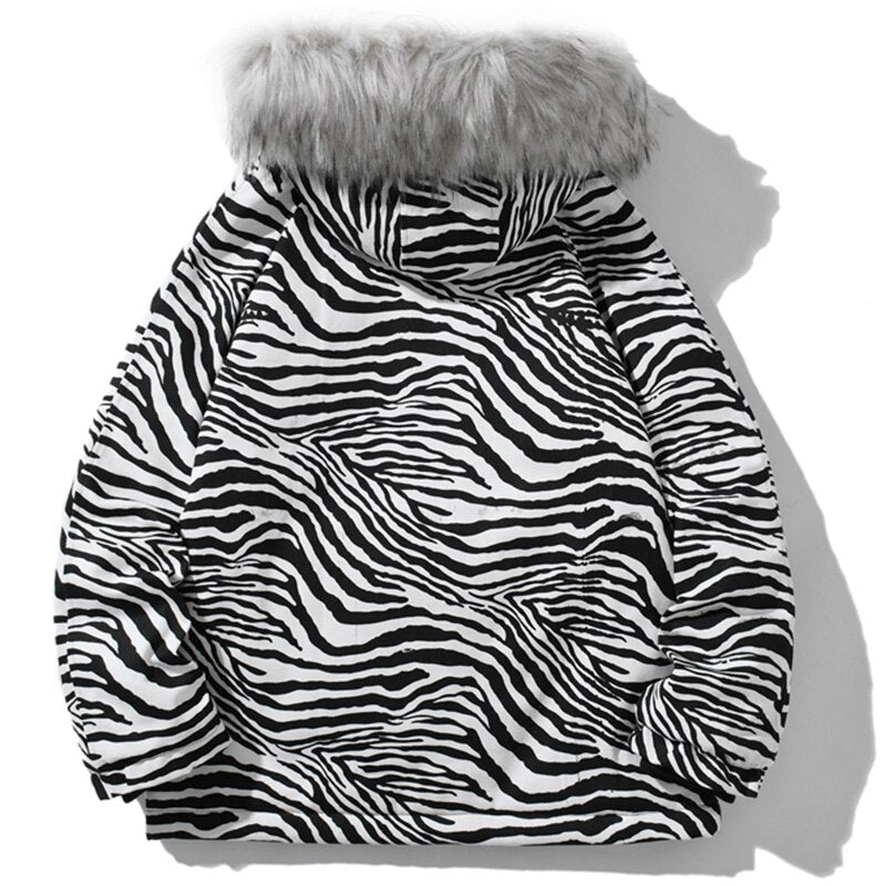 Parka Jacket Men Zebra Striped Print Thick Hooded Jackets Coat Loose Casual Retro Hip Hop Fashion Padded Outwear Winter