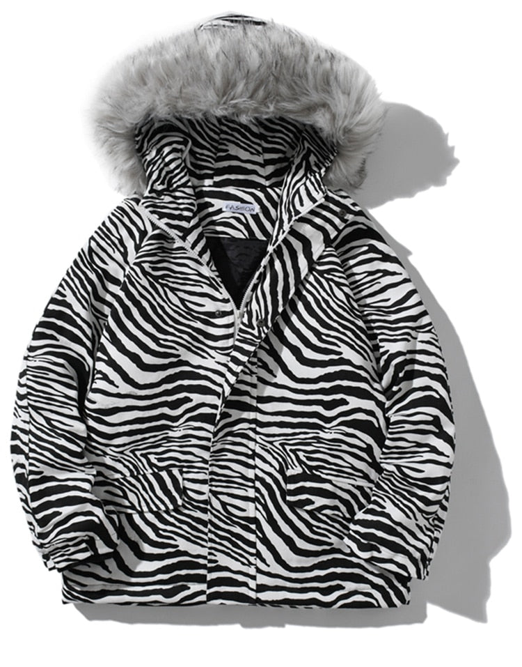 Parka Jacket Men Zebra Striped Print Thick Hooded Jackets Coat Loose Casual Retro Hip Hop Fashion Padded Outwear Winter
